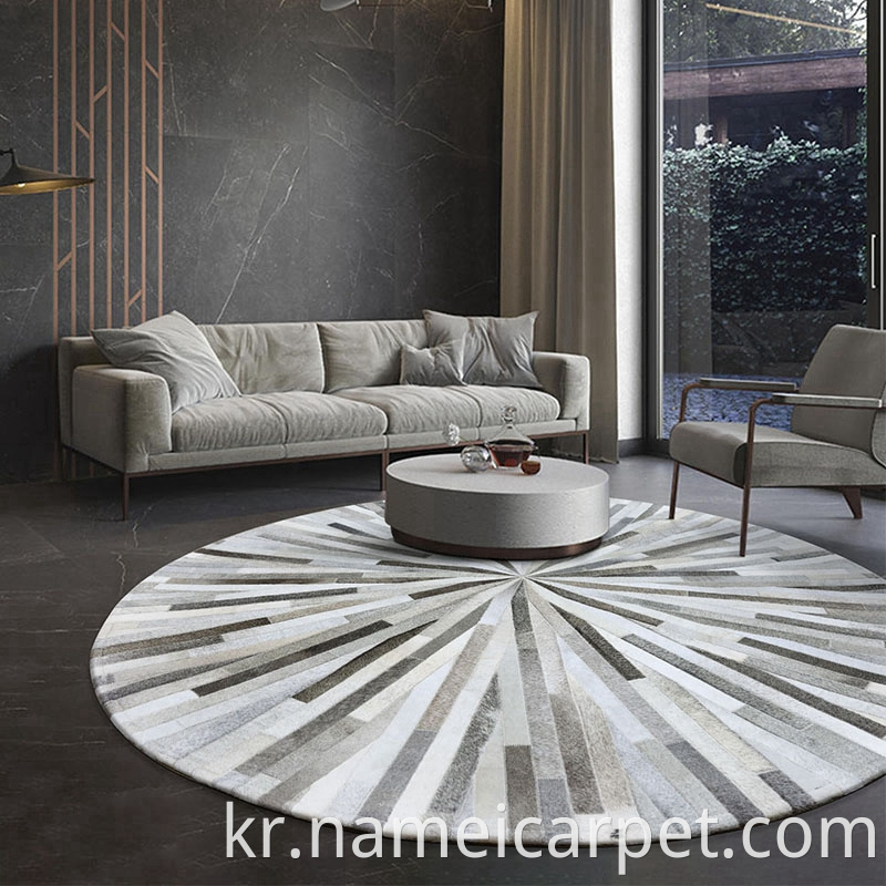 Home Hotel Grey Real Cowhide Patchwork Rectangle Shape Leather Round Floor Carpet Area Rugs